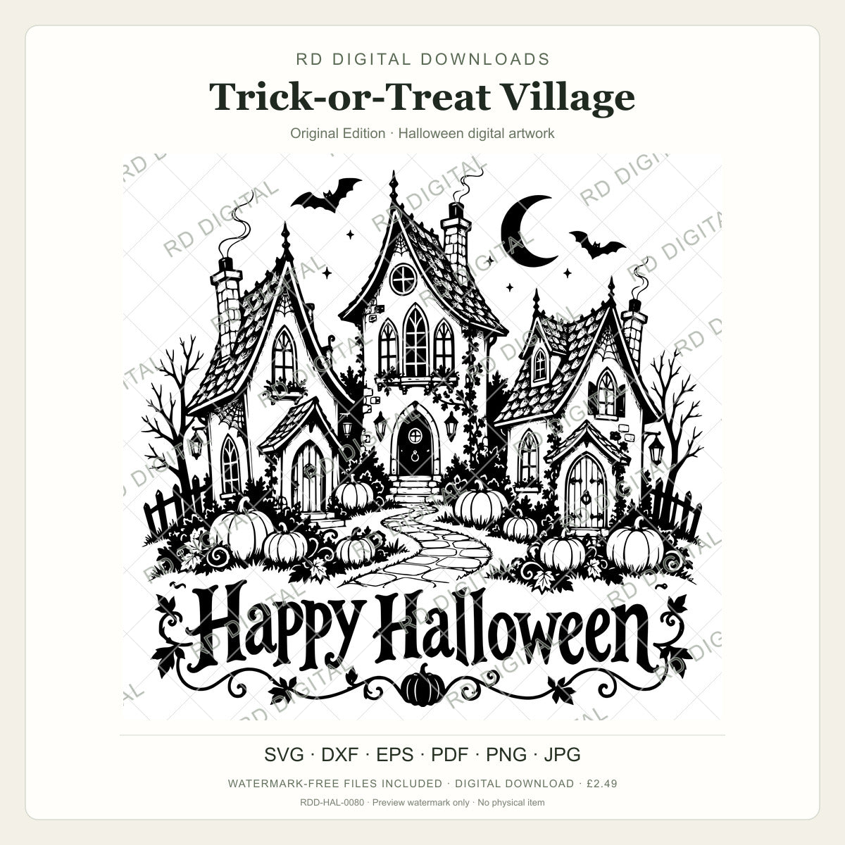 Watermarked Trick-or-Treat Village, Original Edition Halloween digital artwork; customer files are supplied without the watermark.