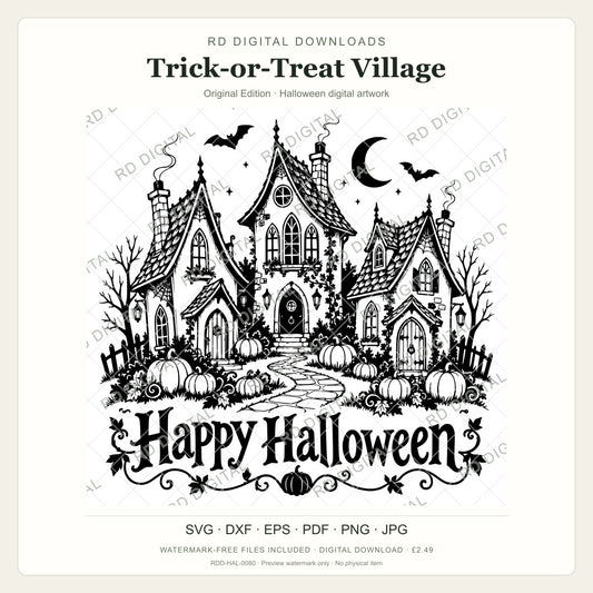 Watermarked Trick-or-Treat Village, Original Edition Halloween digital artwork; customer files are supplied without the watermark.