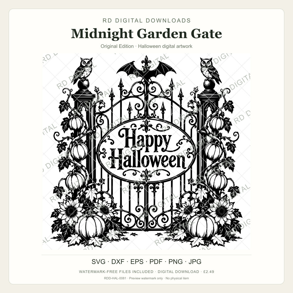 Watermarked Midnight Garden Gate, Original Edition Halloween digital artwork; customer files are supplied without the watermark.