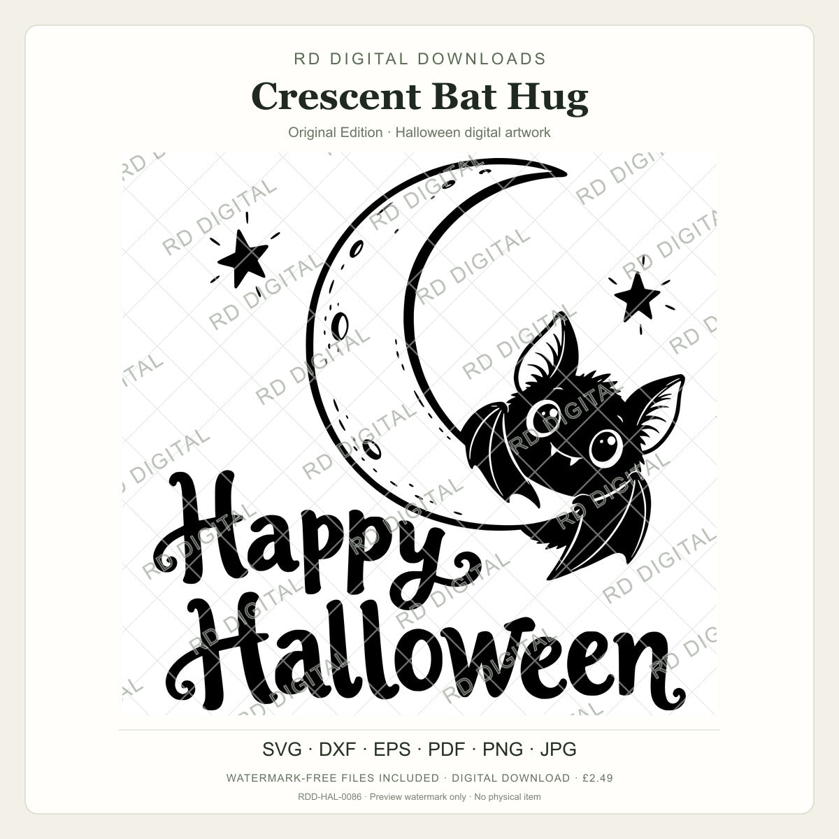 Watermarked Crescent Bat Hug, Original Edition Halloween digital artwork; customer files are supplied without the watermark.