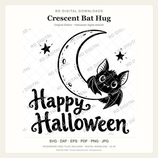 Watermarked Crescent Bat Hug, Original Edition Halloween digital artwork; customer files are supplied without the watermark.