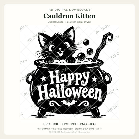 Watermarked Cauldron Kitten, Original Edition Halloween digital artwork; customer files are supplied without the watermark.