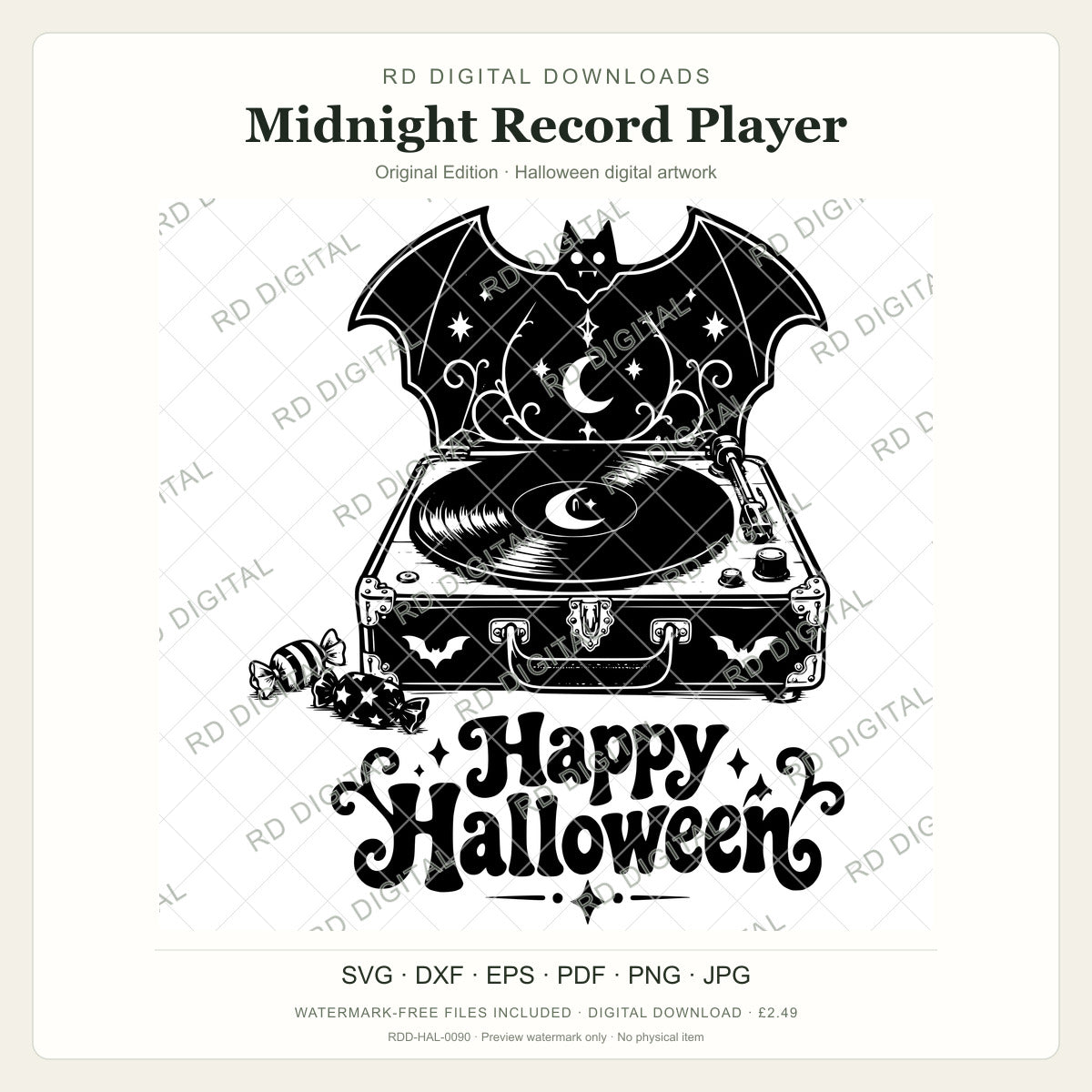 Watermarked Midnight Record Player, Original Edition Halloween digital artwork; customer files are supplied without the watermark.