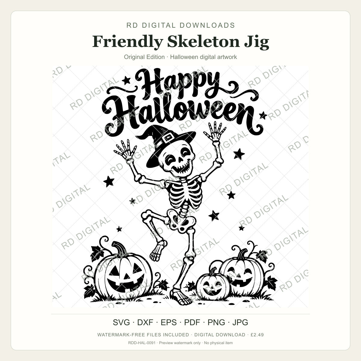 Watermarked Friendly Skeleton Jig, Original Edition Halloween digital artwork; customer files are supplied without the watermark.