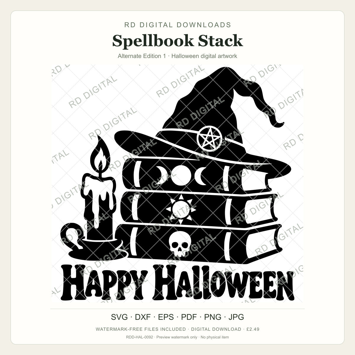 Watermarked Spellbook Stack, Alternate Edition 1 Halloween digital artwork; customer files are supplied without the watermark.
