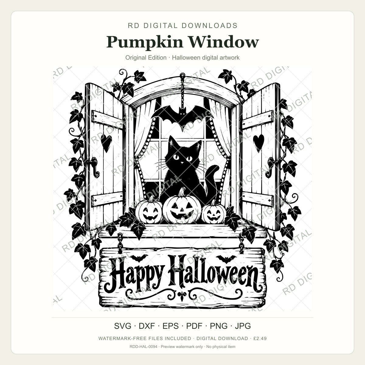 Watermarked Pumpkin Window, Original Edition Halloween digital artwork; customer files are supplied without the watermark.