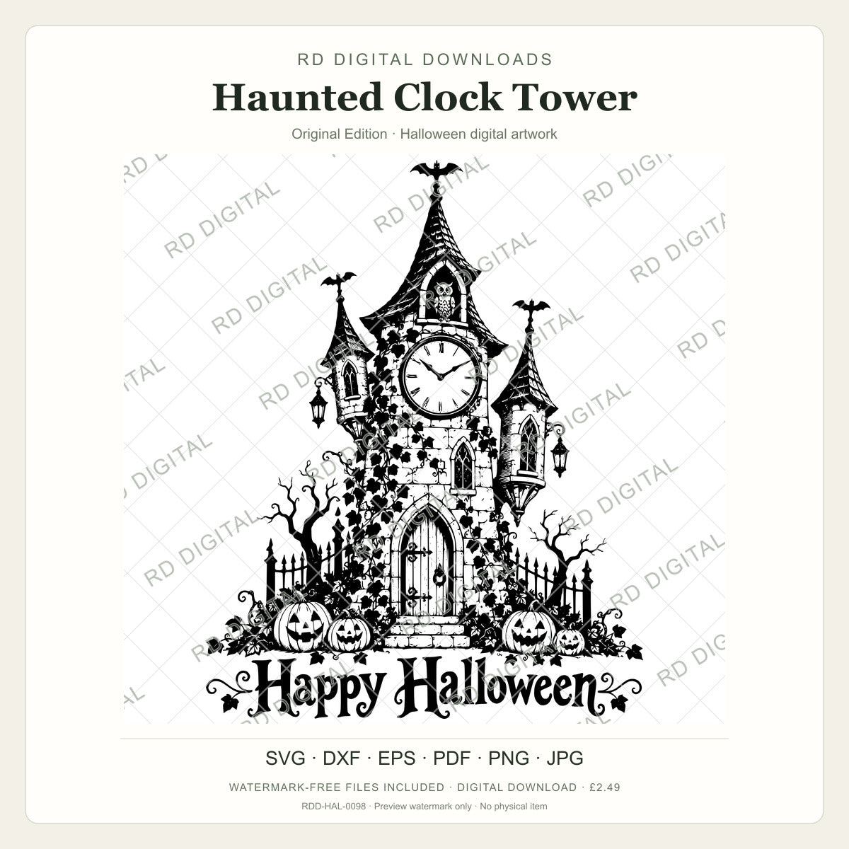 Watermarked Haunted Clock Tower, Original Edition Halloween digital artwork; customer files are supplied without the watermark.