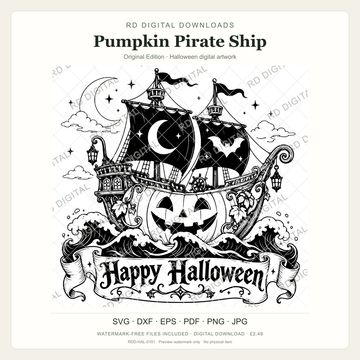 Watermarked Pumpkin Pirate Ship, Original Edition Halloween digital artwork; customer files are supplied without the watermark.