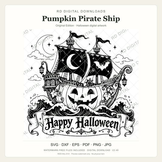 Watermarked Pumpkin Pirate Ship, Original Edition Halloween digital artwork; customer files are supplied without the watermark.