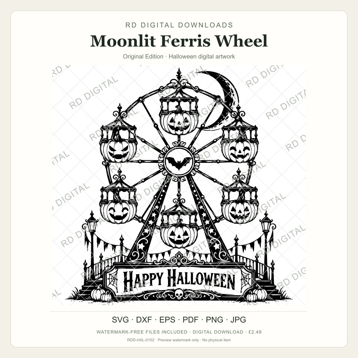 Watermarked Moonlit Ferris Wheel, Original Edition Halloween digital artwork; customer files are supplied without the watermark.