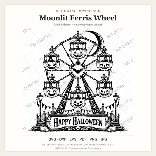 Watermarked Moonlit Ferris Wheel, Original Edition Halloween digital artwork; customer files are supplied without the watermark.