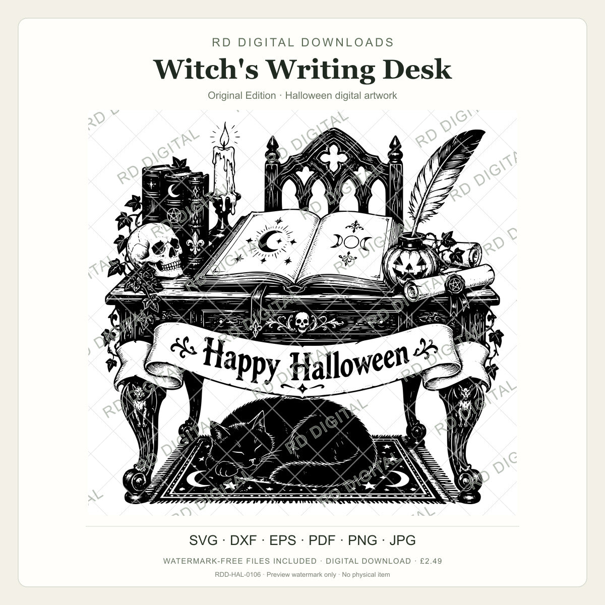 Watermarked Witch's Writing Desk, Original Edition Halloween digital artwork; customer files are supplied without the watermark.