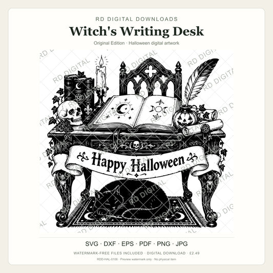 Watermarked Witch's Writing Desk, Original Edition Halloween digital artwork; customer files are supplied without the watermark.