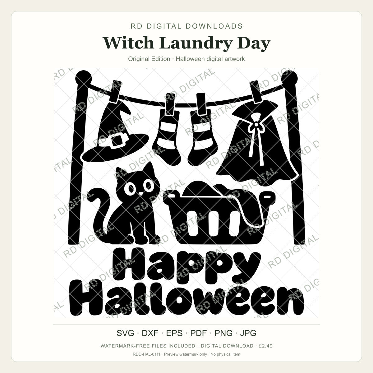 Watermarked Witch Laundry Day, Original Edition Halloween digital artwork; customer files are supplied without the watermark.