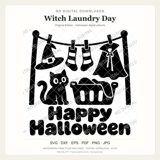 Watermarked Witch Laundry Day, Original Edition Halloween digital artwork; customer files are supplied without the watermark.
