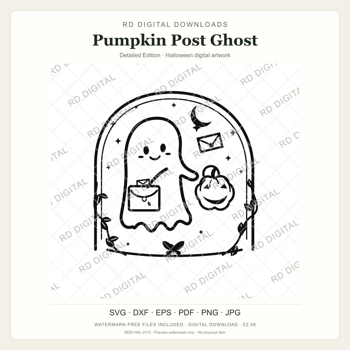 Watermarked Pumpkin Post Ghost, Detailed Edition Halloween digital artwork; customer files are supplied without the watermark.