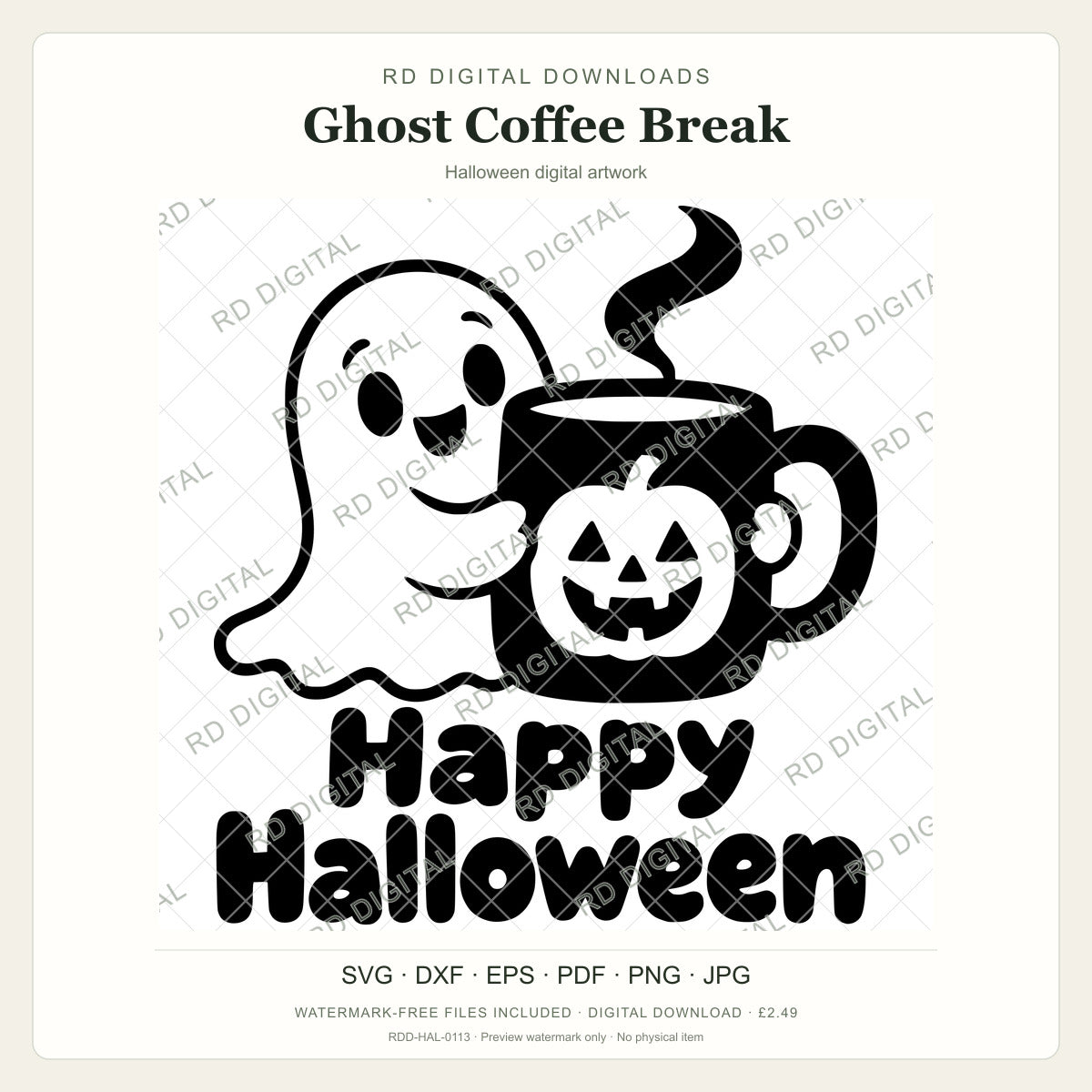 Watermarked Ghost Coffee Break Halloween digital artwork; customer files are supplied without the watermark.