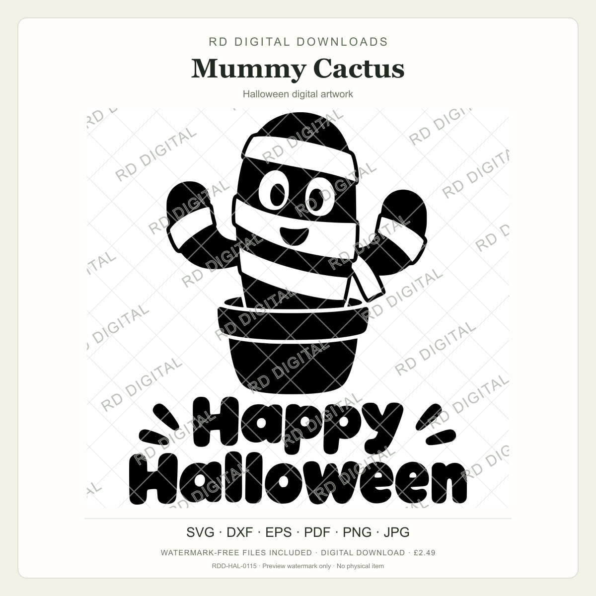 Watermarked Mummy Cactus Halloween digital artwork; customer files are supplied without the watermark.