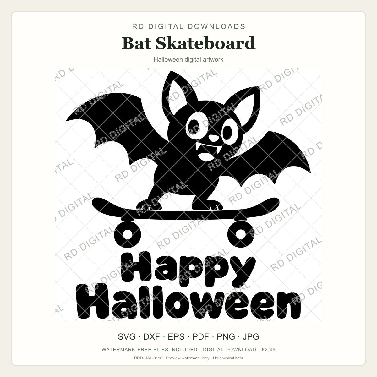 Watermarked Bat Skateboard Halloween digital artwork; customer files are supplied without the watermark.