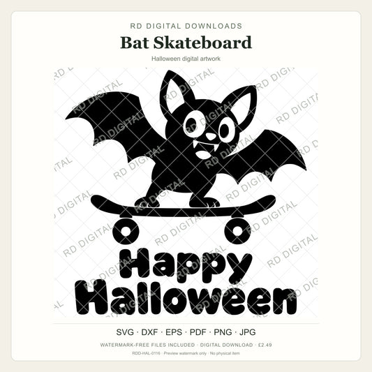 Watermarked Bat Skateboard Halloween digital artwork; customer files are supplied without the watermark.