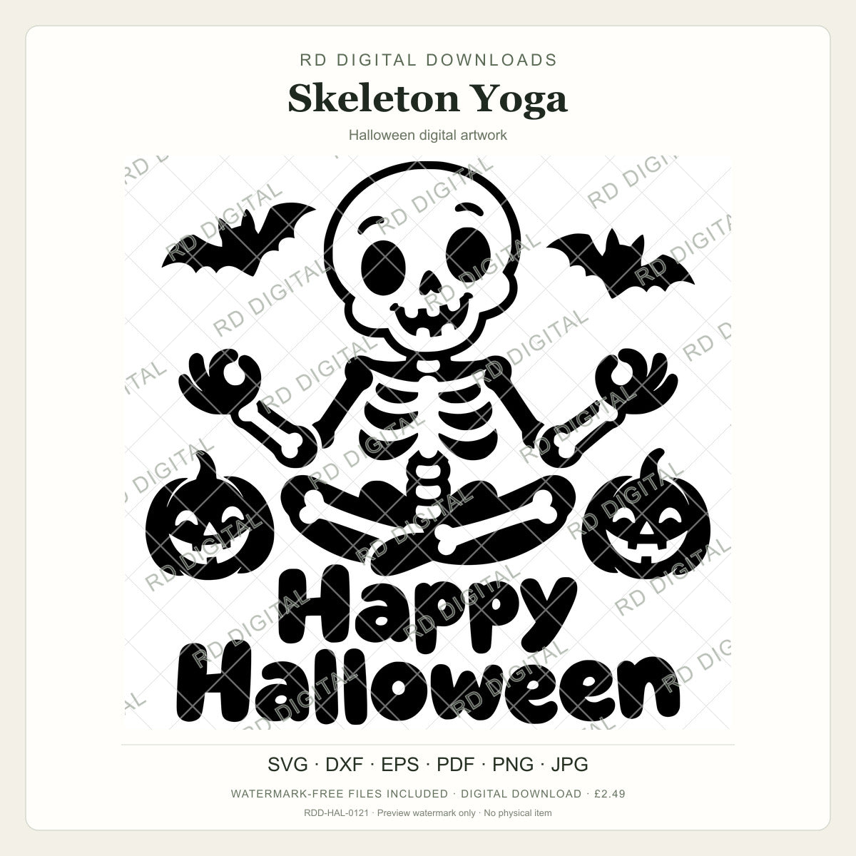 Watermarked Skeleton Yoga Halloween digital artwork; customer files are supplied without the watermark.