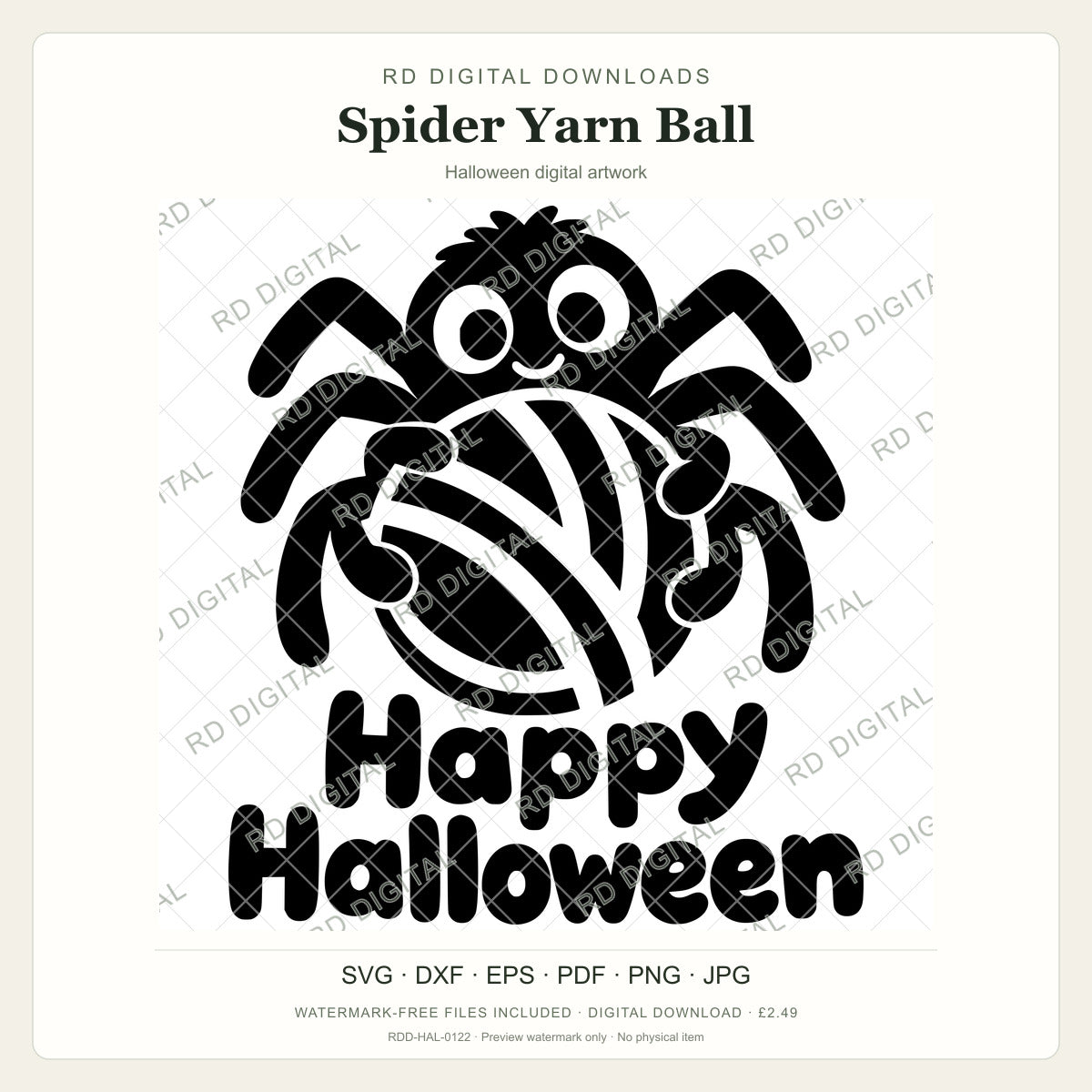 Watermarked Spider Yarn Ball Halloween digital artwork; customer files are supplied without the watermark.