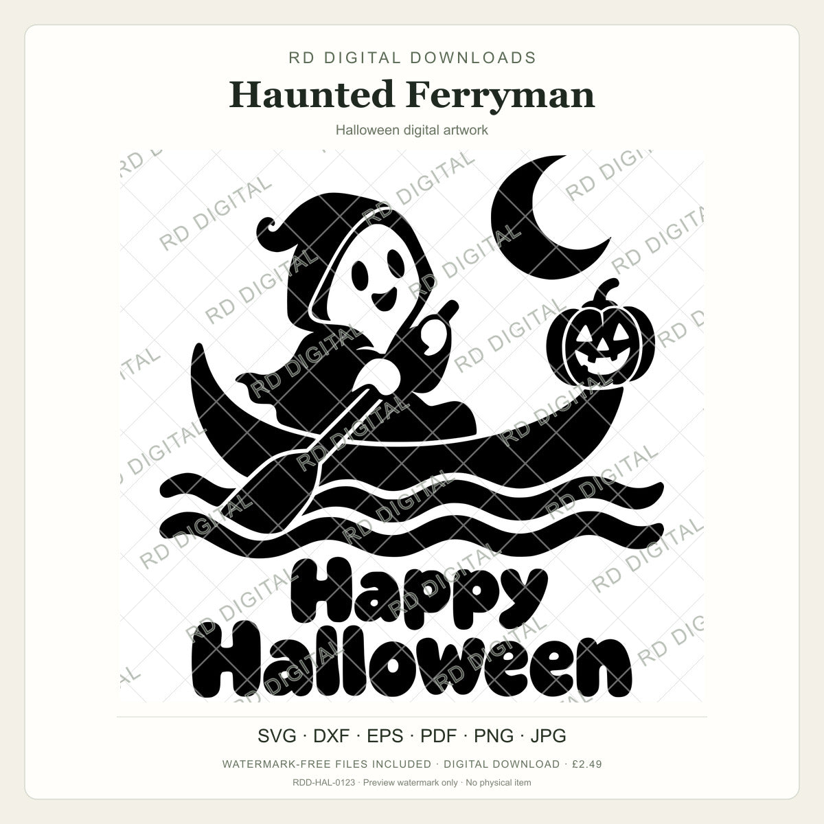 Watermarked Haunted Ferryman Halloween digital artwork; customer files are supplied without the watermark.