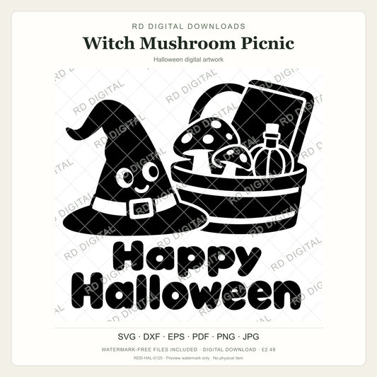 Watermarked Witch Mushroom Picnic Halloween digital artwork; customer files are supplied without the watermark.