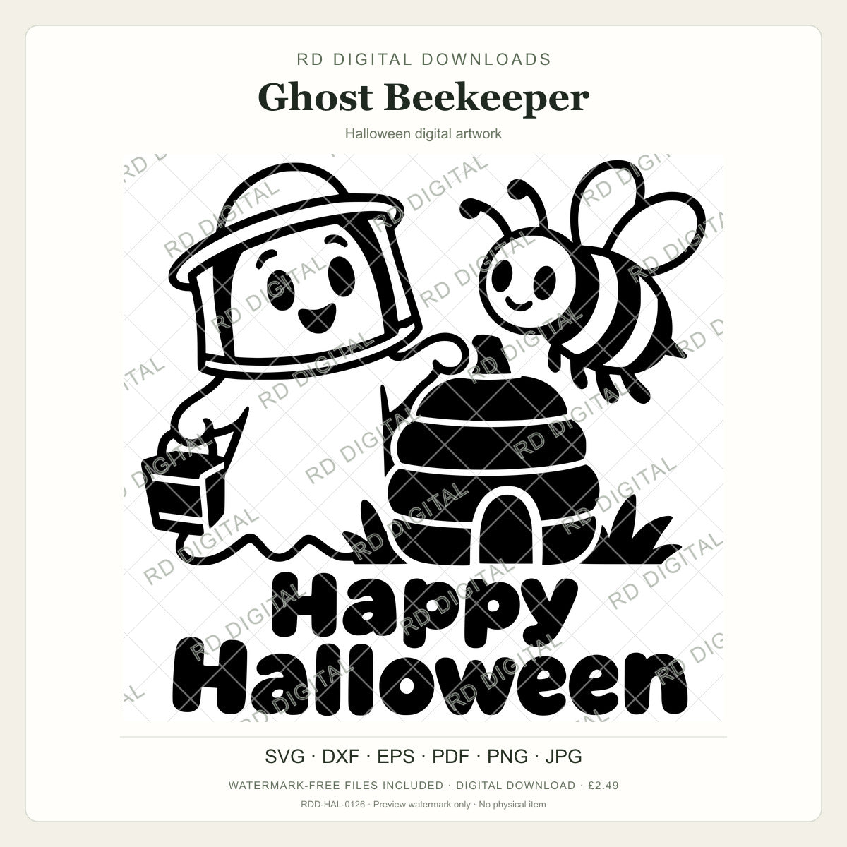 Watermarked Ghost Beekeeper Halloween digital artwork; customer files are supplied without the watermark.