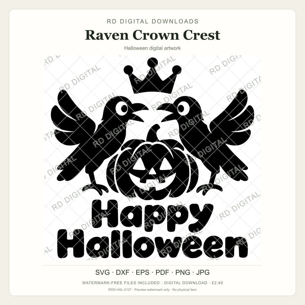 Watermarked Raven Crown Crest Halloween digital artwork; customer files are supplied without the watermark.