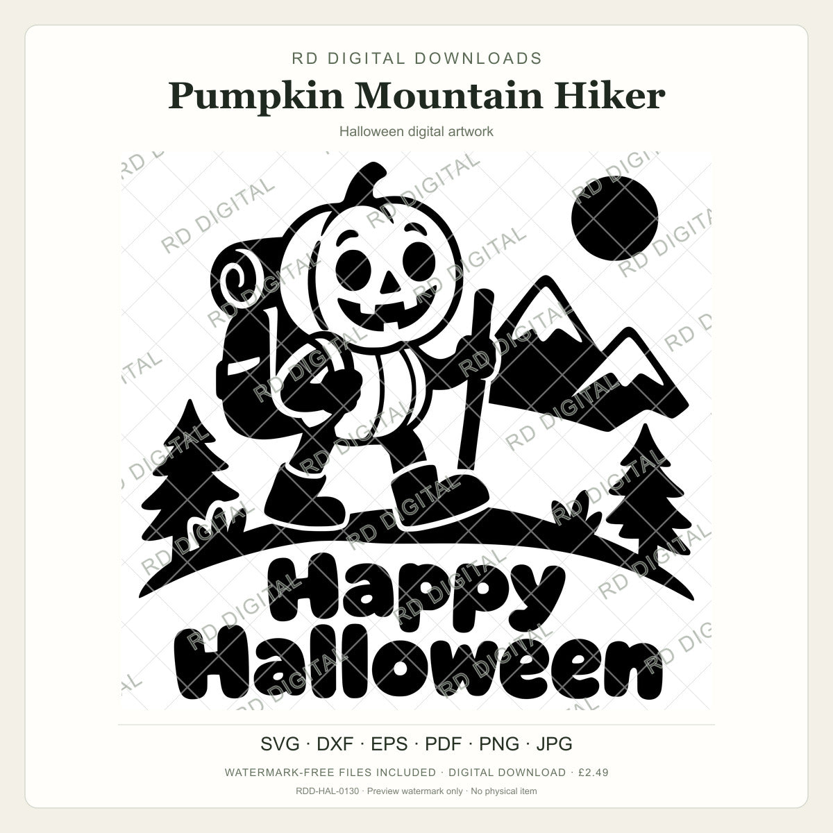 Watermarked Pumpkin Mountain Hiker Halloween digital artwork; customer files are supplied without the watermark.