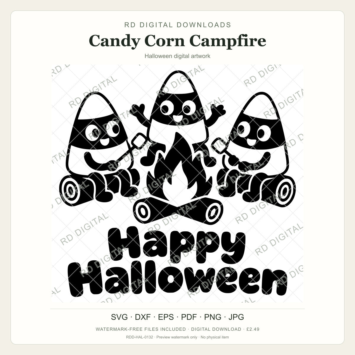 Watermarked Candy Corn Campfire Halloween digital artwork; customer files are supplied without the watermark.