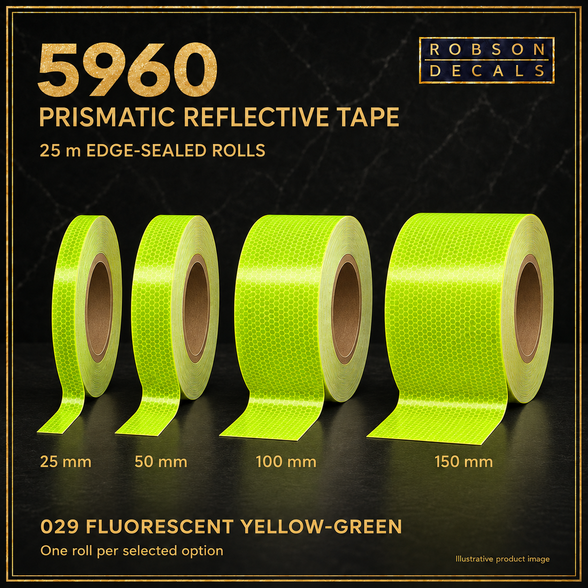 Illustrative ORALITE 5960 fluorescent yellow-green 029 reflective tape: supplier-prepared edge-sealed 25 m rolls in 25, 50, 100 and 150 mm widths. One selected roll supplied.