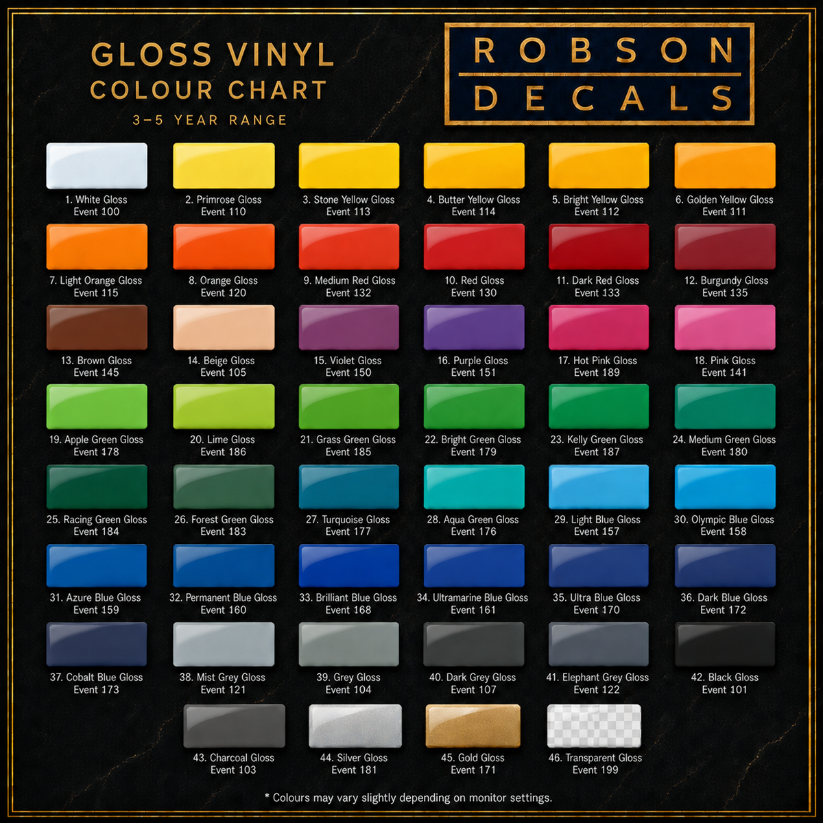 Robson Decals gloss vinyl colour chart showing 46 Ri-Mark Event colours and reference codes