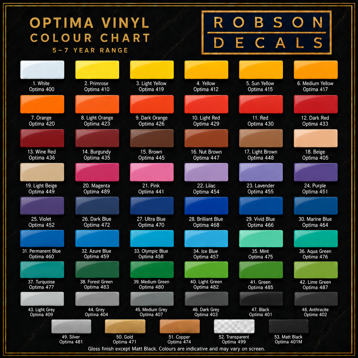 Robson Decals Optima vinyl colour chart — 53 colours with reference codes; gloss, metallic, transparent and matt black options