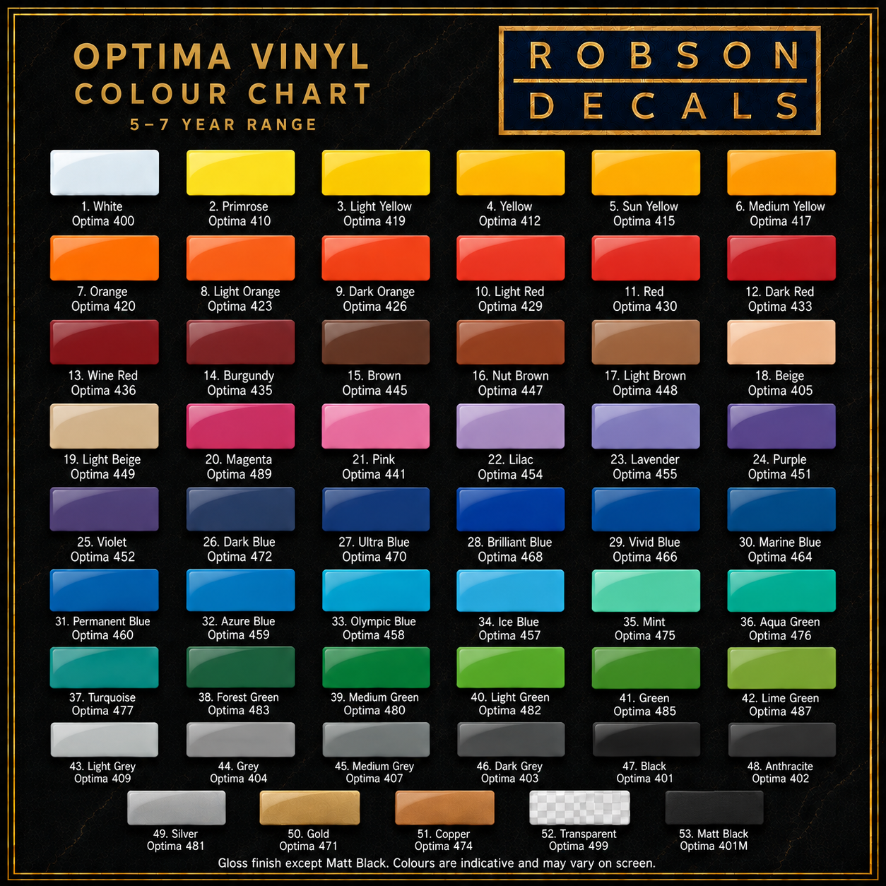 Robson Decals Optima vinyl colour chart — 53 colours with reference codes; gloss, metallic, transparent and matt black options