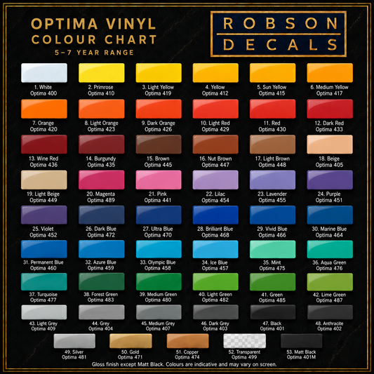 Robson Decals Optima vinyl colour chart — 53 colours with reference codes; gloss, metallic, transparent and matt black options