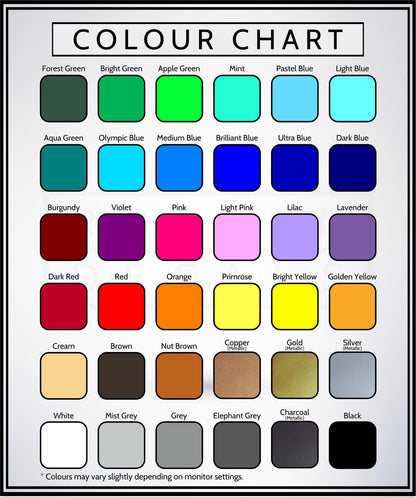 Robson Decals vinyl colour chart showing 36 available colours.