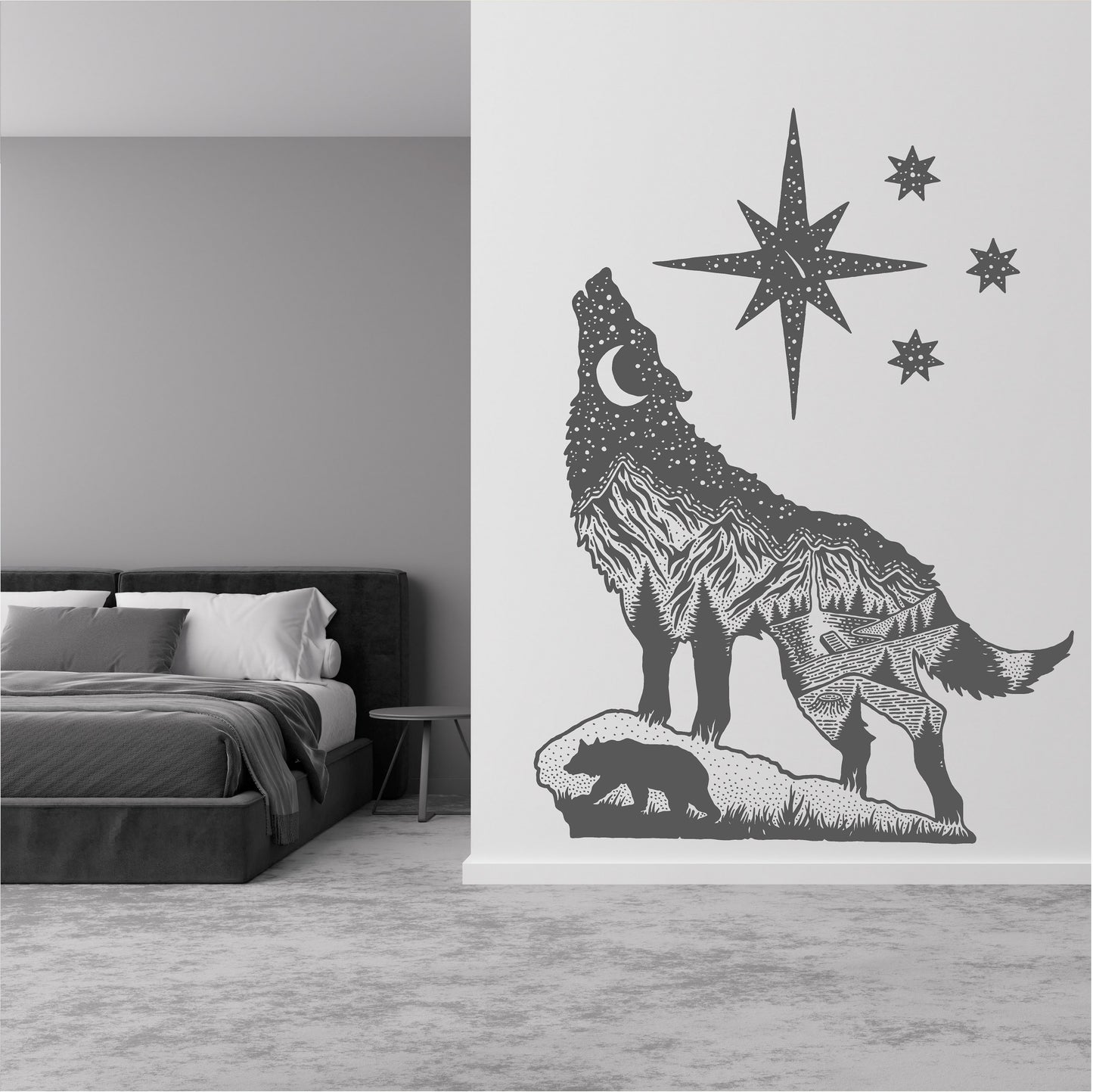 Howling Wolf Moon Night Stars Landscape