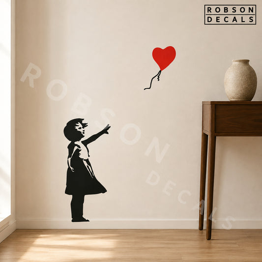 Balloon Girl wall decal with a red heart balloon in a neutral hallway, shown as pictured. Robson Decals logo and watermark.