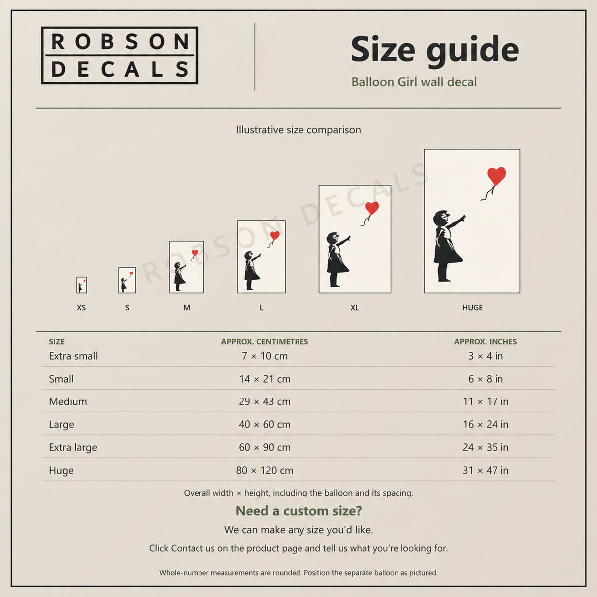 Robson Decals Balloon Girl size guide: six proportionally scaled designs with rounded width by height measurements in centimetres and inches. Includes balloon spacing and custom-size information.