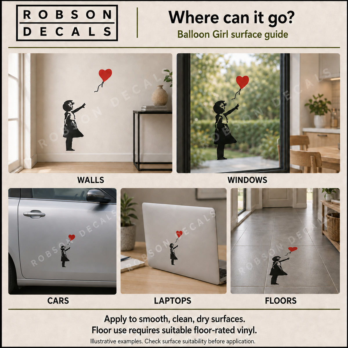 Robson Decals Balloon Girl surface guide showing the black girl with a red heart balloon on walls, windows, cars, laptops and floors. Apply to smooth, clean, dry surfaces. Floor use requires suitable floor-rated vinyl.