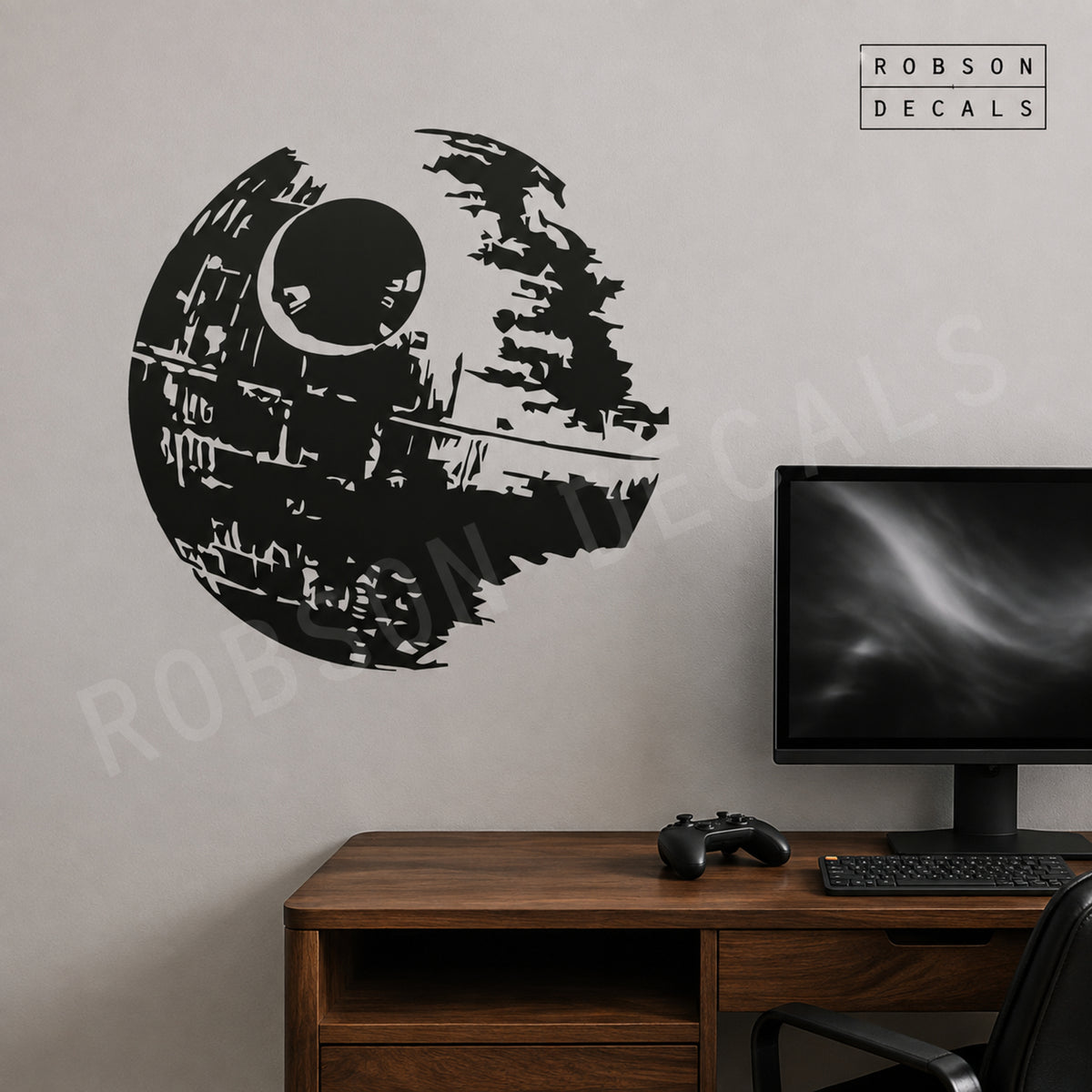 Black Death Star wall decal in a modern games room, as pictured. Robson Decals logo and watermark.