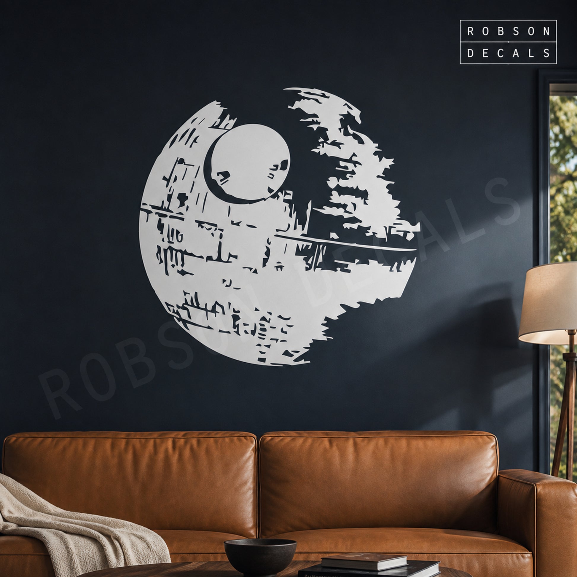 White Death Star wall decal on a dark blue cinema-room wall, as pictured. Robson Decals logo and watermark.