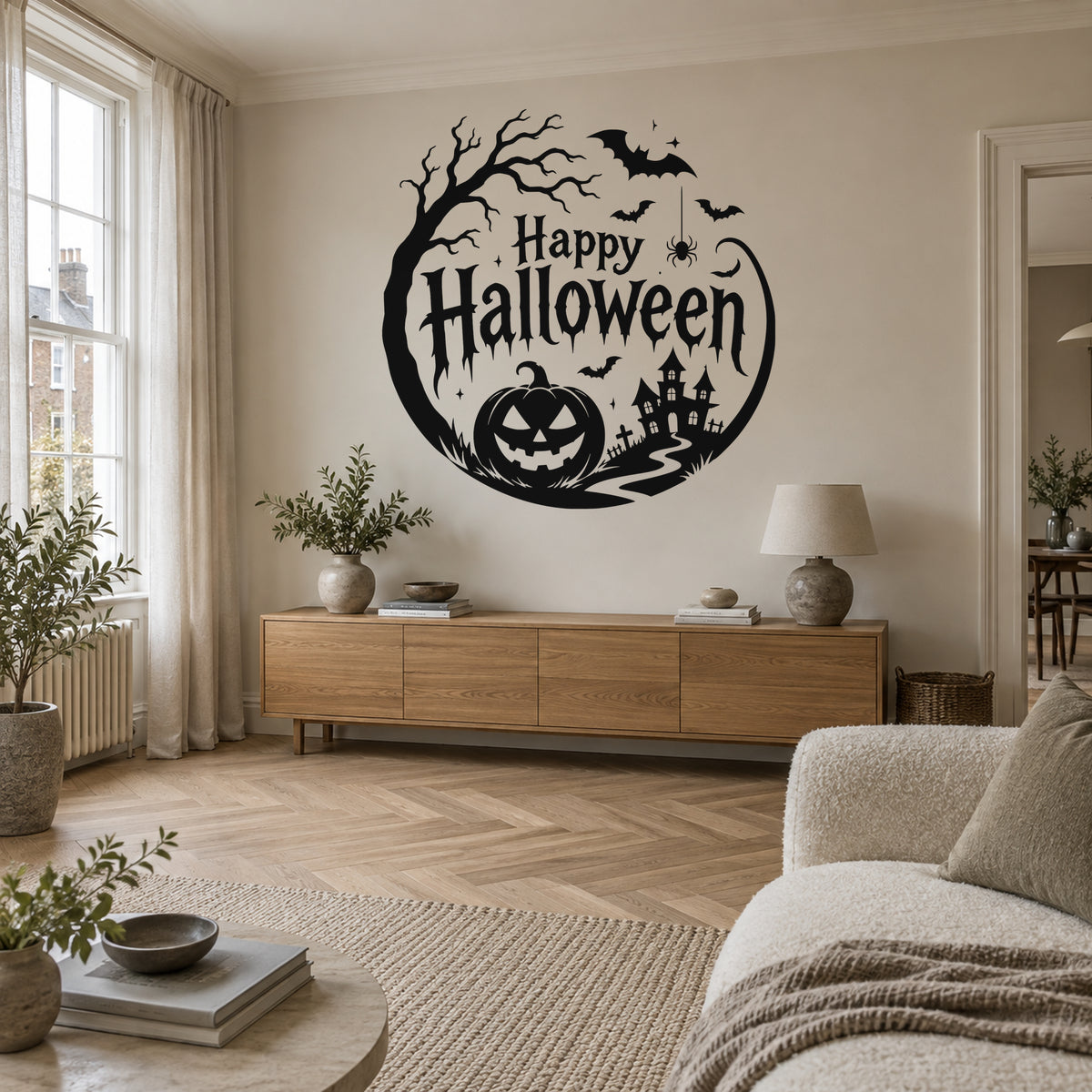 Black Happy Halloween wall decal in an ivory living room, showing the supplied tree, bats, pumpkin and haunted house design.