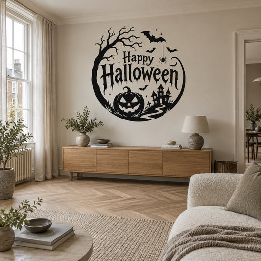 Black Happy Halloween wall decal in an ivory living room, showing the supplied tree, bats, pumpkin and haunted house design.