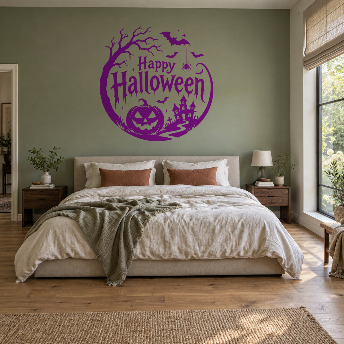 Violet Happy Halloween wall decal above a bed in a sage bedroom.