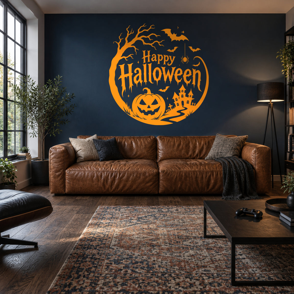 Orange Happy Halloween wall decal above a leather sofa on a navy wall.