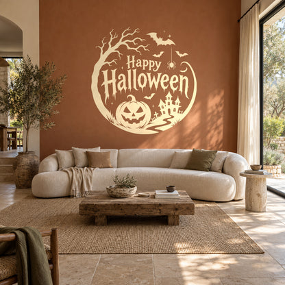 Cream Happy Halloween wall decal in a terracotta lounge.
