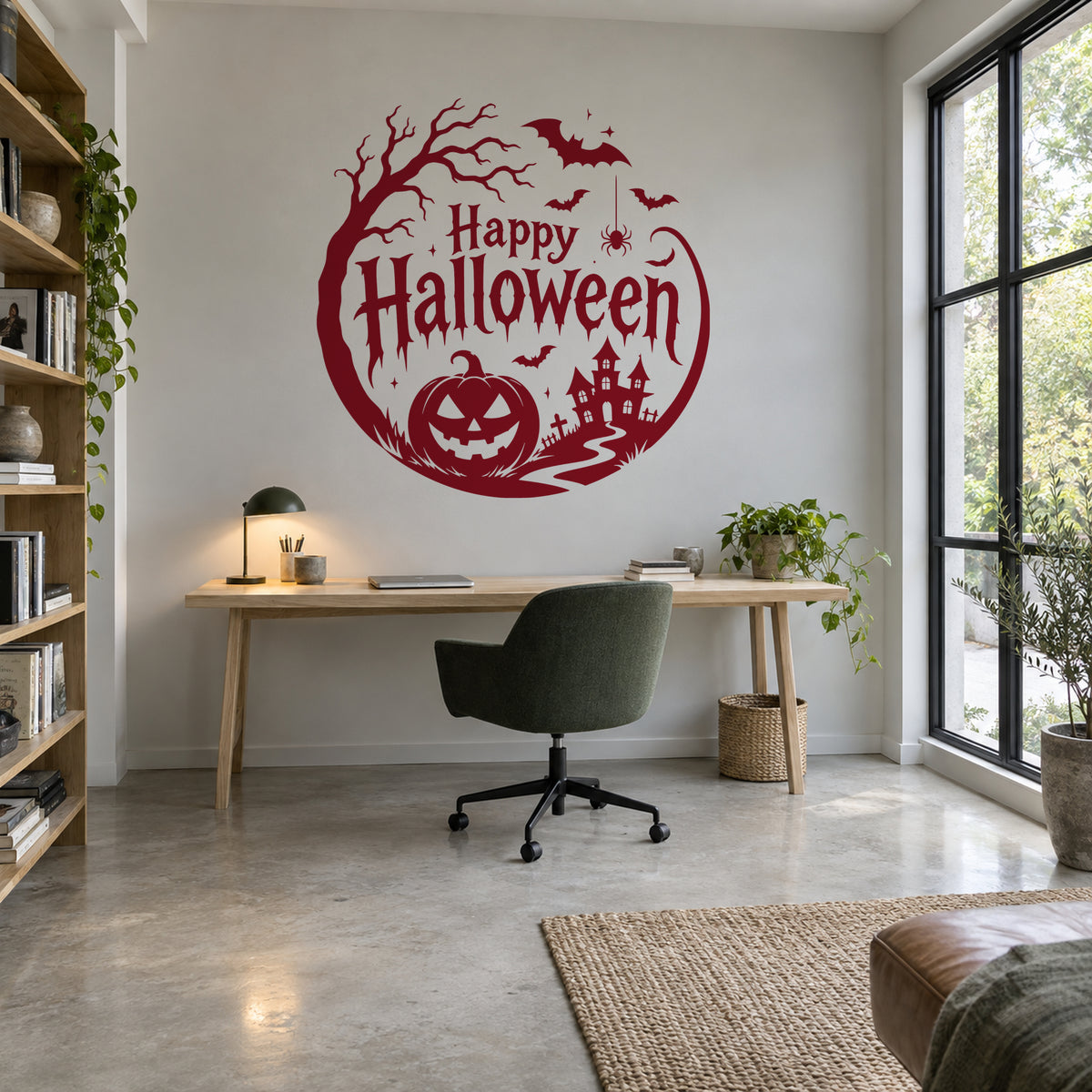Burgundy Happy Halloween wall decal above a desk in a grey home office.